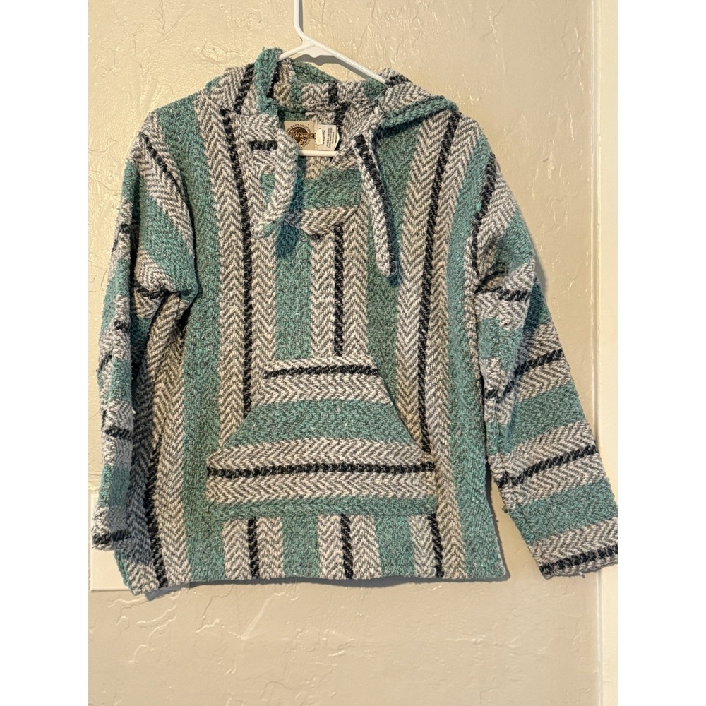 Earth Ragz Baja Poncho Mexican Hoodie Pullover Striped Oversized Teal Small